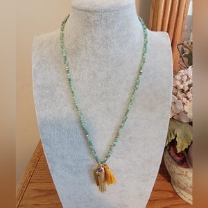 Irridescent Sage Green Faceted Glass Beaded Stretch Necklace With Tassel